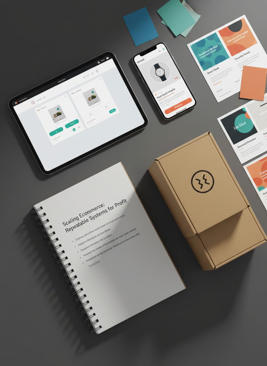 A highly detailed flat-lay composition of an ecommerce marketer’s toolkit on a matte charcoal desk: a tablet displaying a product page optimization split test, a smartphone showing a paid social ad preview, a spiral-bound playbook labeled “Scaling Ecommerce,” and a pair of branded shipping boxes with rich, textured cardboard. Color swatches and printed mockups of ad creatives are neatly arranged around the devices. Soft studio lighting from one side creates gentle contrast and defined yet subtle shadows, enhancing the textures and glossy screens. Photographic realism with a top-down bird’s-eye view, balanced composition using the rule of thirds. The atmosphere is focused and methodical, representing professional, repeatable systems for profitable ecommerce marketing.
