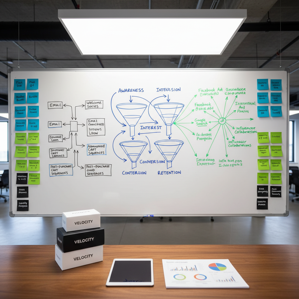 A large, wall-mounted whiteboard in a modern workspace covered with neatly drawn ecommerce funnels, email flows, and ad campaign diagrams in contrasting blue, black, and green markers. Color-coded sticky notes labeled with campaign ideas and A/B test concepts are aligned in tidy columns along the edges. On the table below, a closed tablet, a stack of branded product packaging, and a printed analytics report with clear charts emphasize planning and execution. Soft, diffused overhead lighting casts minimal shadows, creating a crisp, clean environment. Captured from a slightly elevated angle in photographic realism, with sharp focus throughout. The mood is strategic and organized, reflecting structured ecommerce marketing playbooks and scalable brand growth.